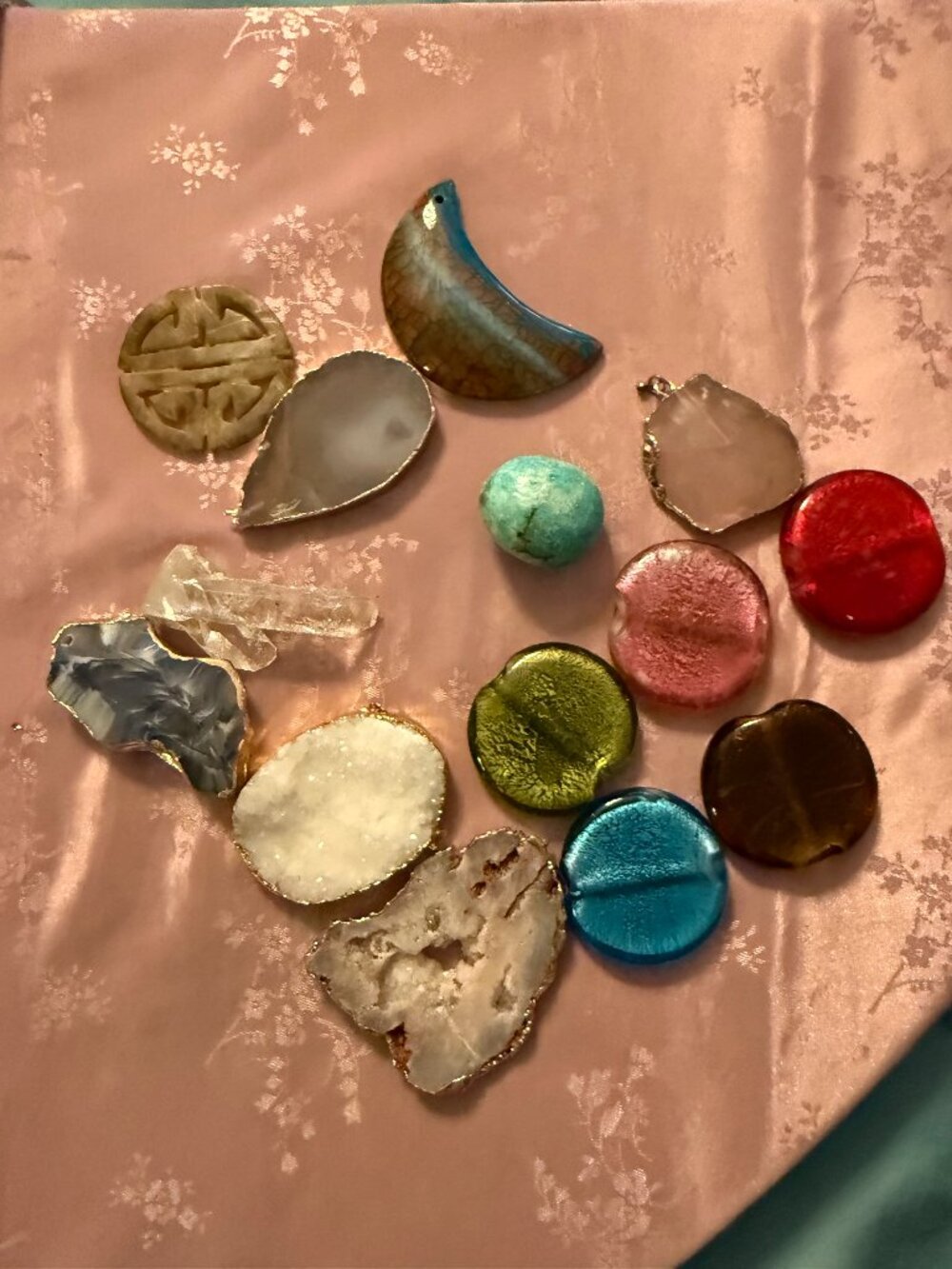 A lot of hard stone pieces, including five glass disc beads